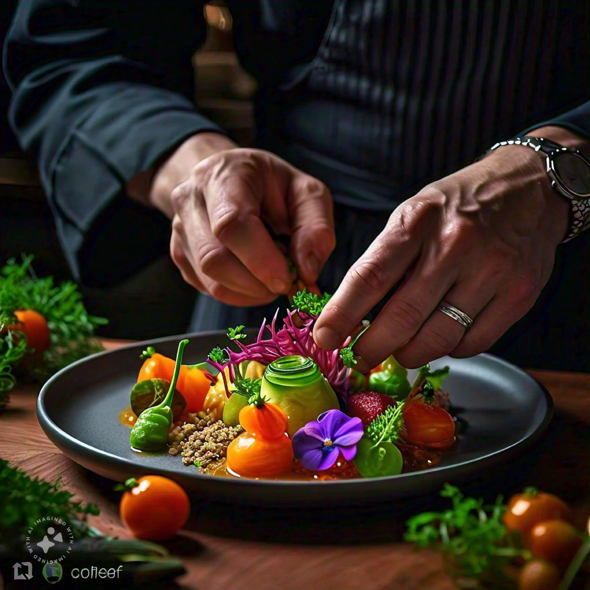Close-up of chef hands plating a composed dish